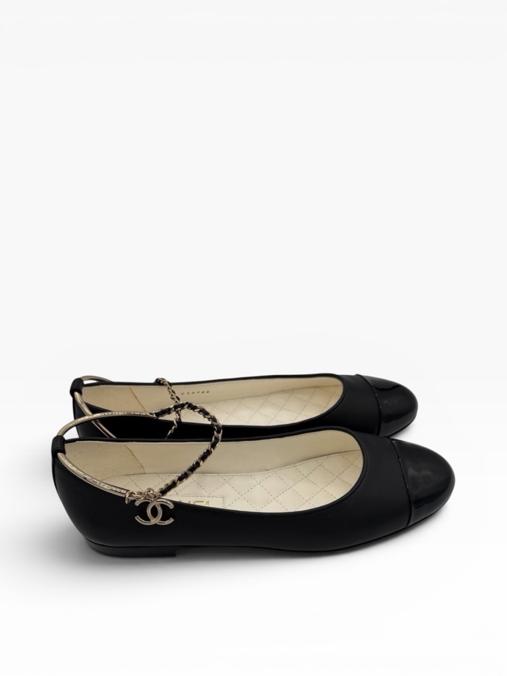 Chanel Ballet Flats Black Lambskin Patent Cap Toe Chain CC Charm Size 38 NWT - Picture 4 of 12